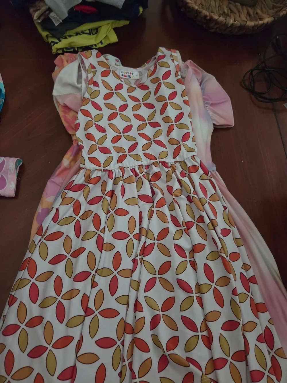DotDot Smile Sleeveless Dress with Orange & Mustard Leaf Print